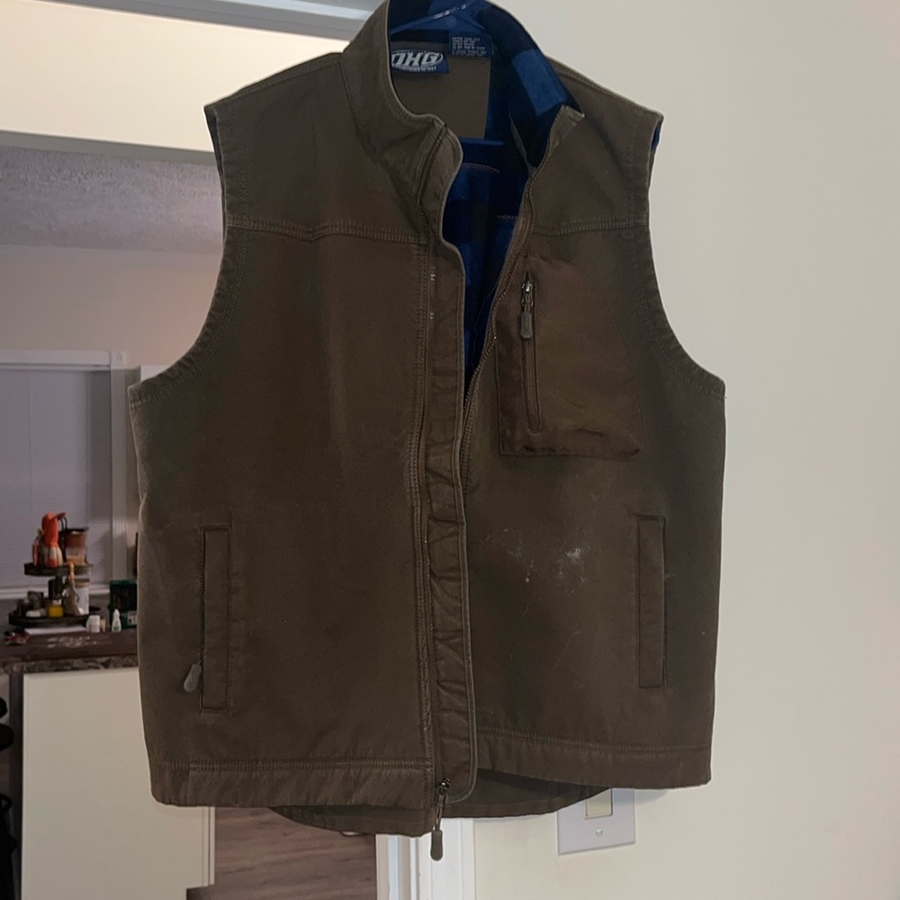 Mens DHG Authentic Dutch Harbor Gear Brown Vest with Blue Plaid Fleece Interior